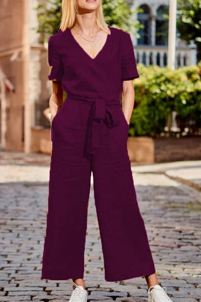 SHORT SLEEVE SOLID COLOR LACE-UP V NECK SOFT ROMPER JUMPSUIT