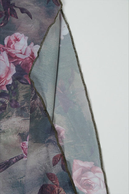 Floral Print Halter Neck Ruched Mesh Overlay Column Maxi Dress