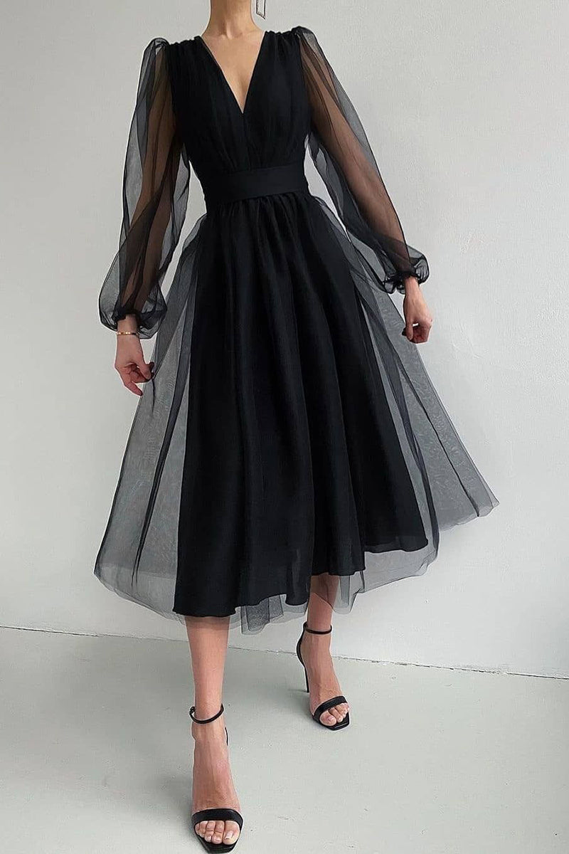 Tulle Deep V-Neck Lantern Sleeve Pleated Belted Midi Dress