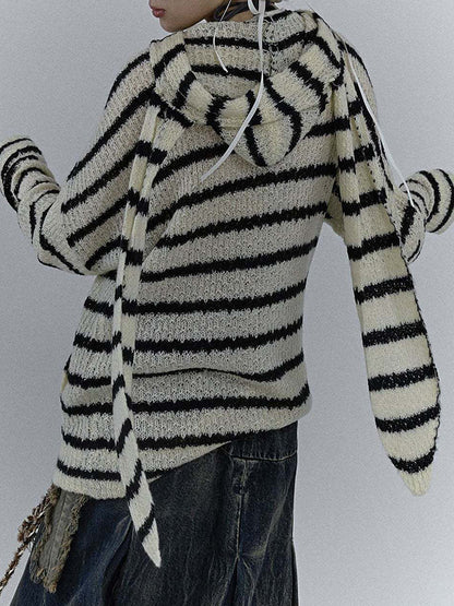 Rabbit Ear Styling Hooded Stripe Cardigan