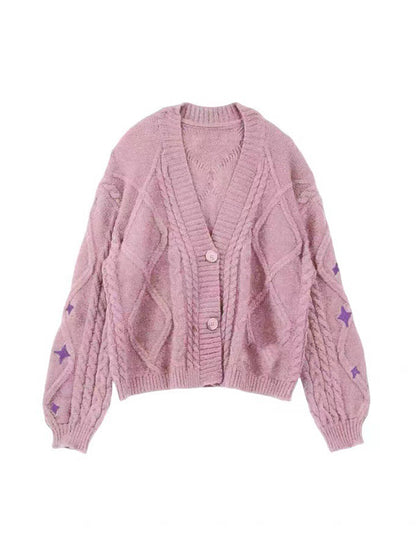 Star Embroidered Print Cable Knit V Neck Cardigan