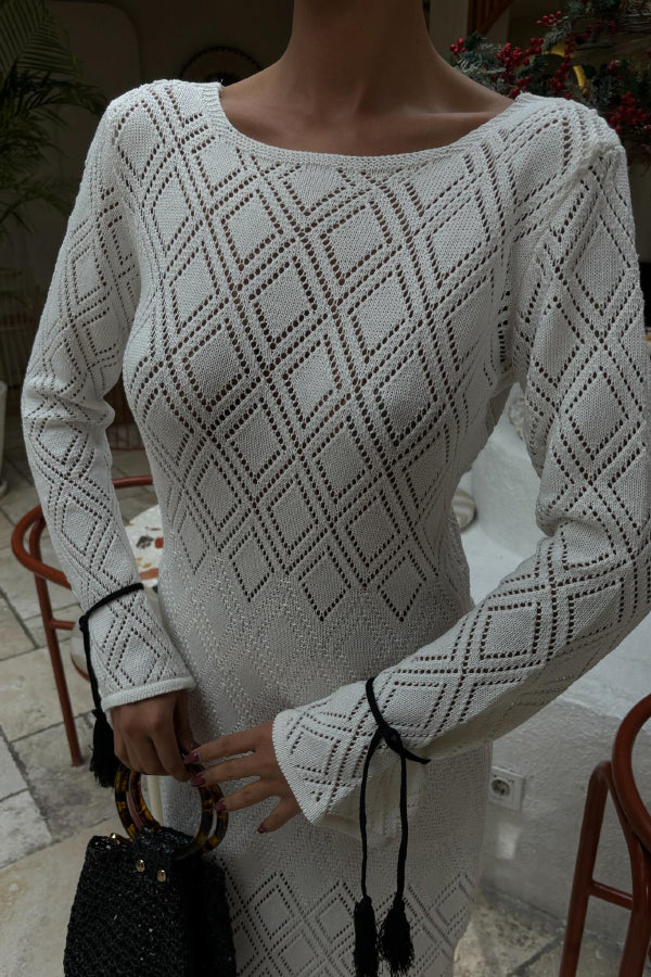 Solid Color Long-sleeved Tie Slim-fit Knit Openwork Cover-up Maxi Dress