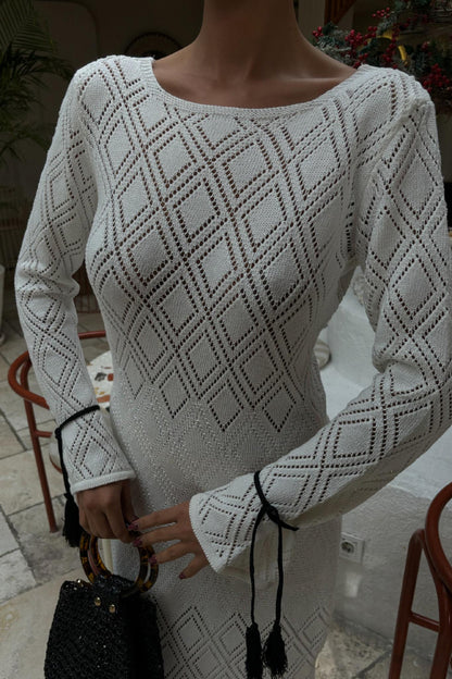 Solid Color Long-sleeved Tie Slim-fit Knit Openwork Cover-up Maxi Dress