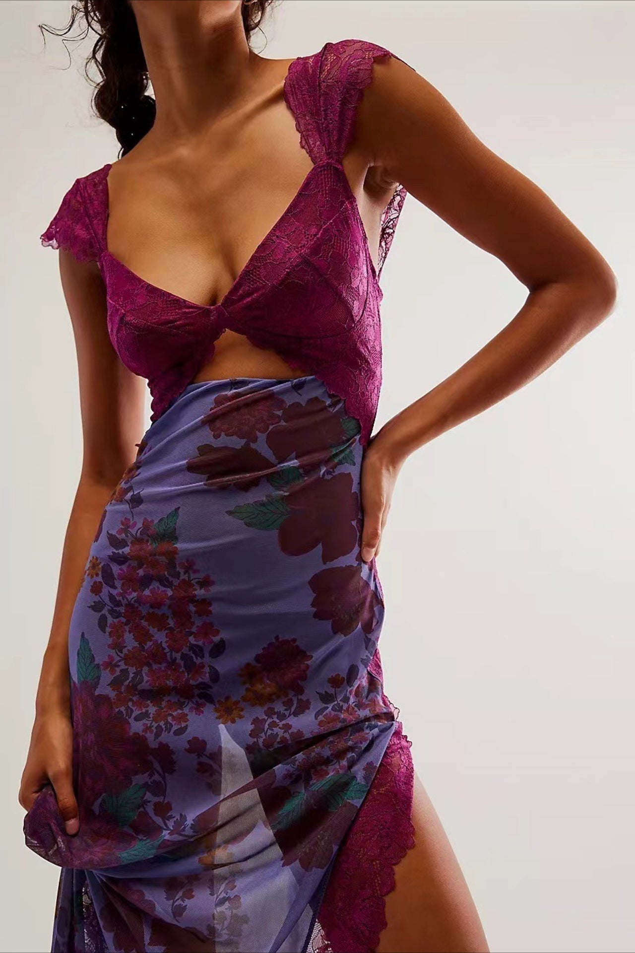 Lace Sweetheart Bodice Cut Out Flutter Sleeve Floral Print Slip Maxi Dress