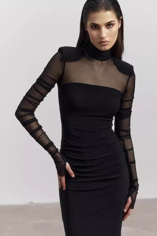 Mock Neck Mesh Panel Power Shoulder Ruched Bodycon Midi Dress