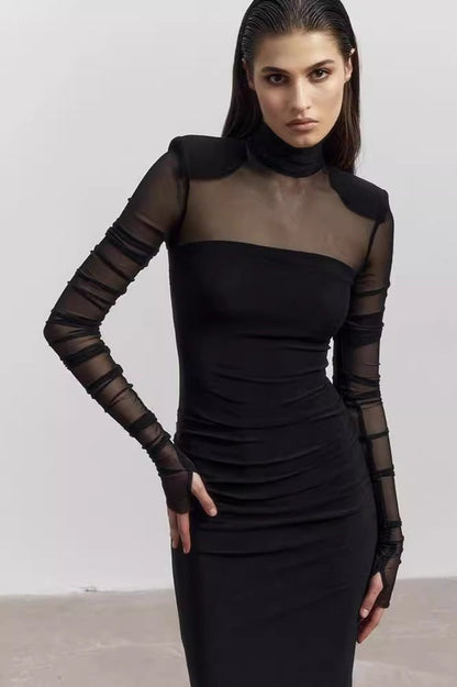Mock Neck Mesh Panel Power Shoulder Ruched Bodycon Midi Dress