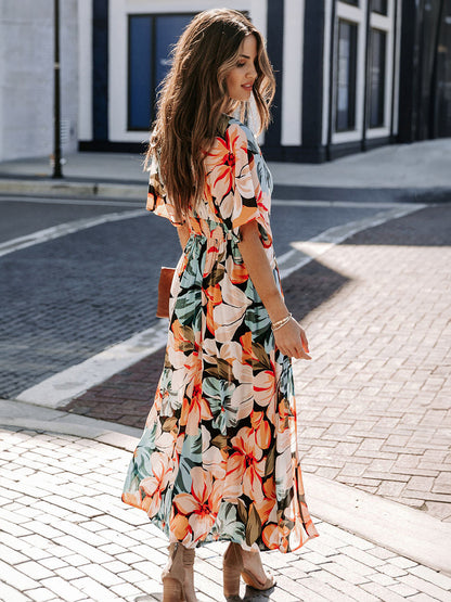 Deep V Neck Tropical Floral Maxi Dress for Women - Multi Print Split Hem Boho Dress - Summer Beach Vacation 2026