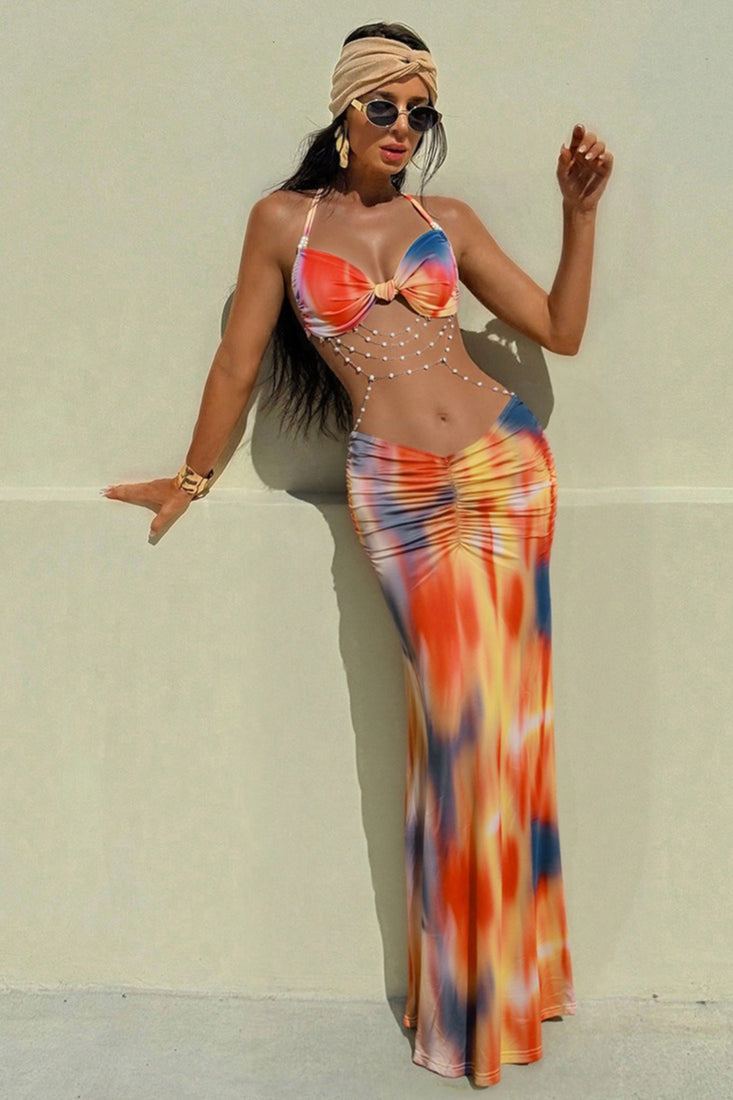 Bow Front Halter Abstract Marble Print Ruched V-Waist Maxi Skirt Two Piece Set