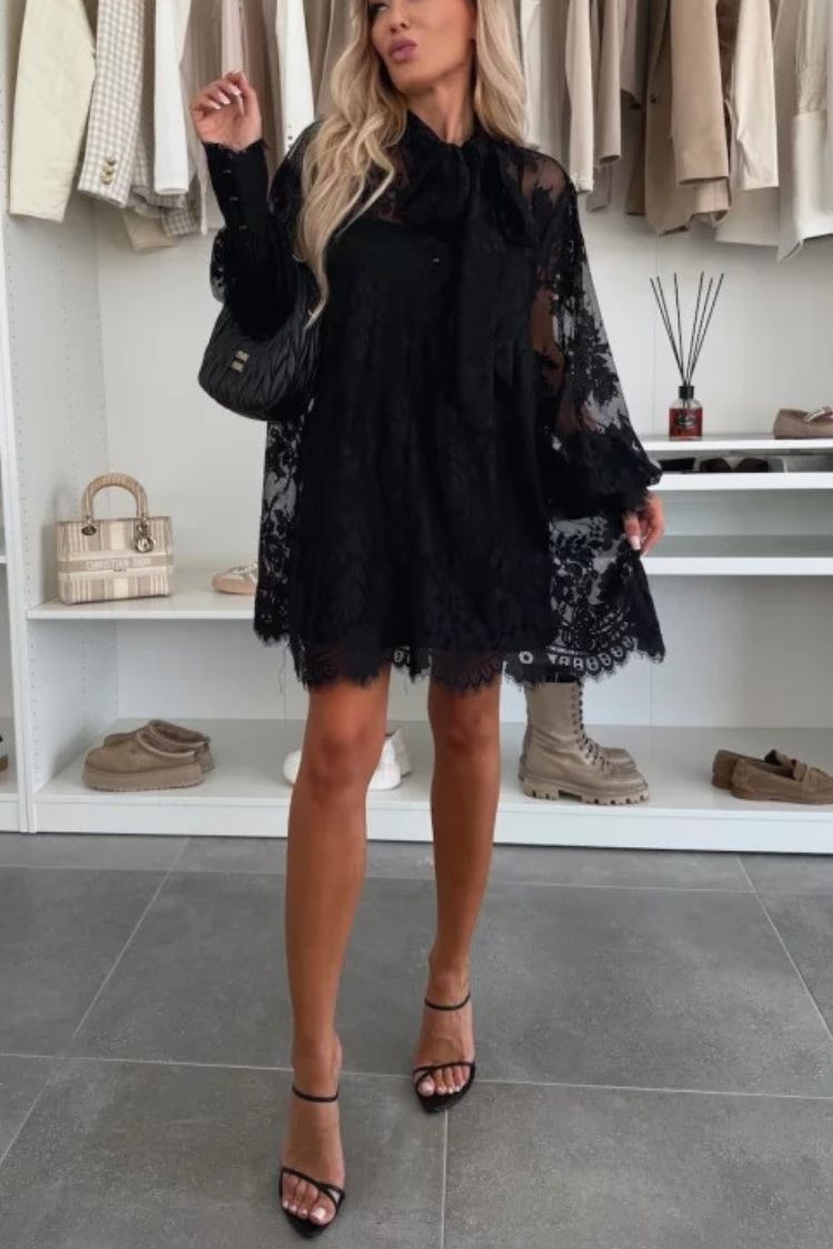 Lace Pussy Bow Tie Neck Balloon Sleeve Button Cuff Babydoll Mini Dress