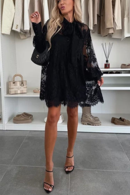 Lace Pussy Bow Tie Neck Balloon Sleeve Button Cuff Babydoll Mini Dress