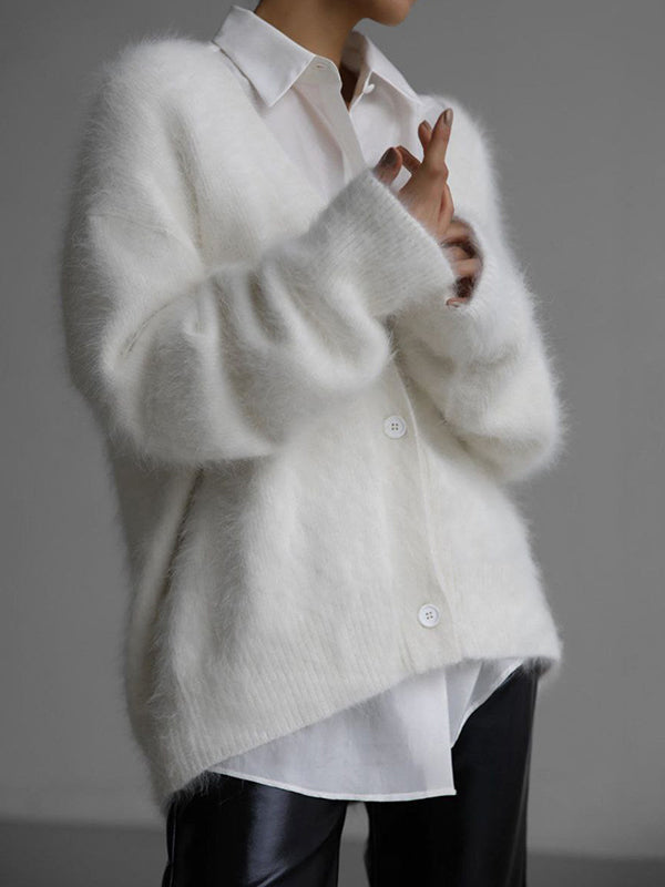 Fuzzy V Neck Loose Cardigan Sweater