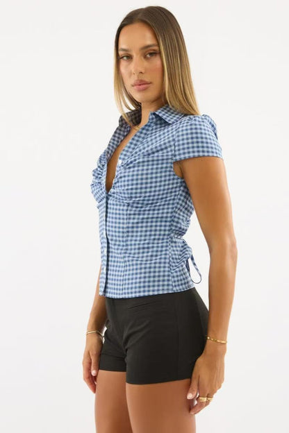 Plaid Short Sleeve Button Down Blouse