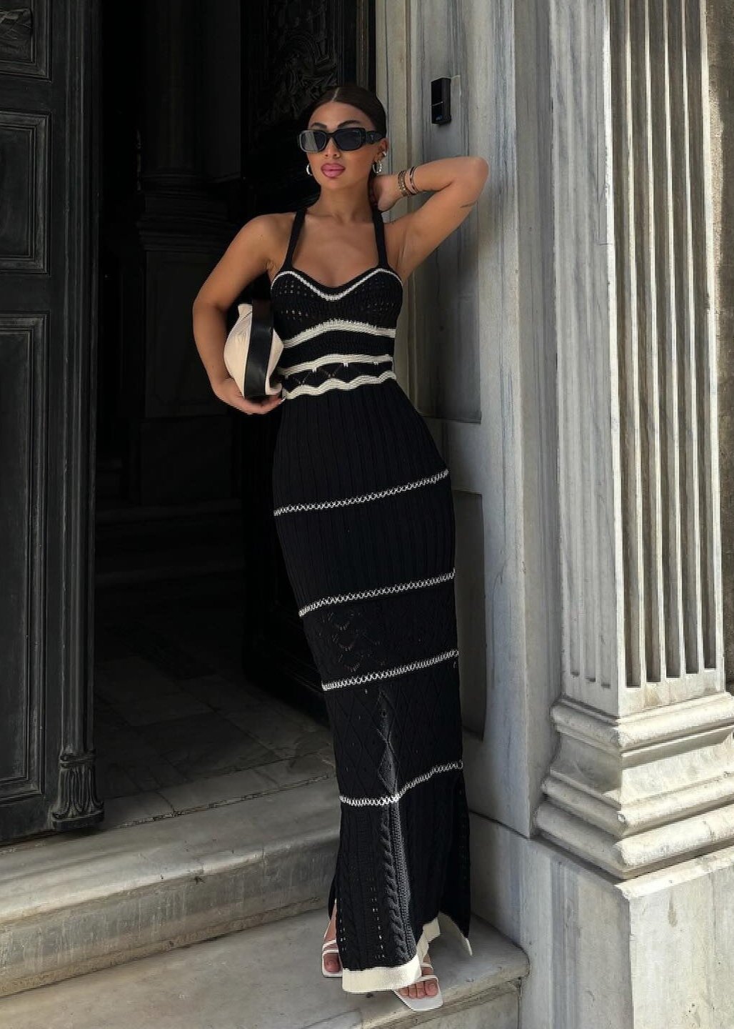 Halter Contrast Trim Pointelle Knit Side Slit Maxi Dress