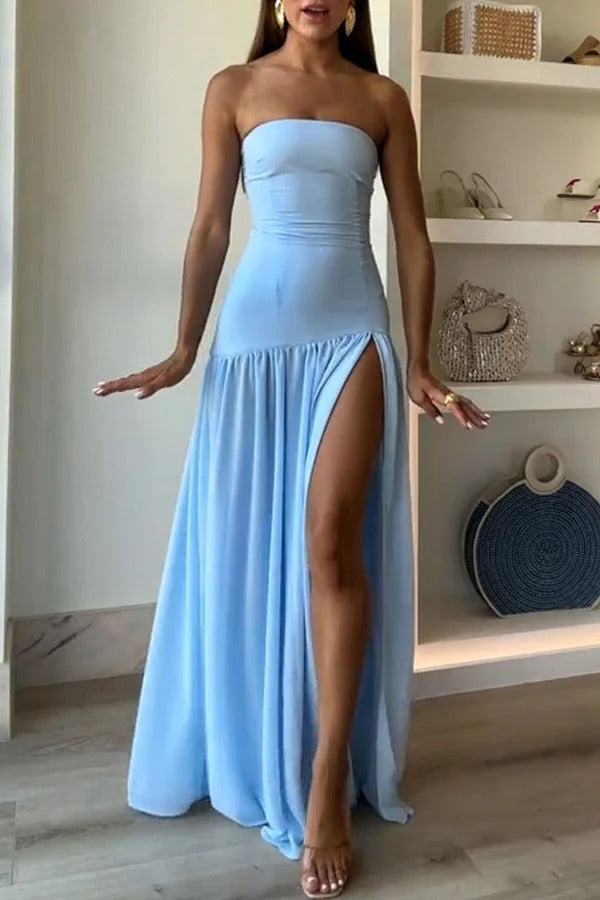Strapless Bandeau Drop-Waist Gathered Chiffon High-Slit Maxi Gown