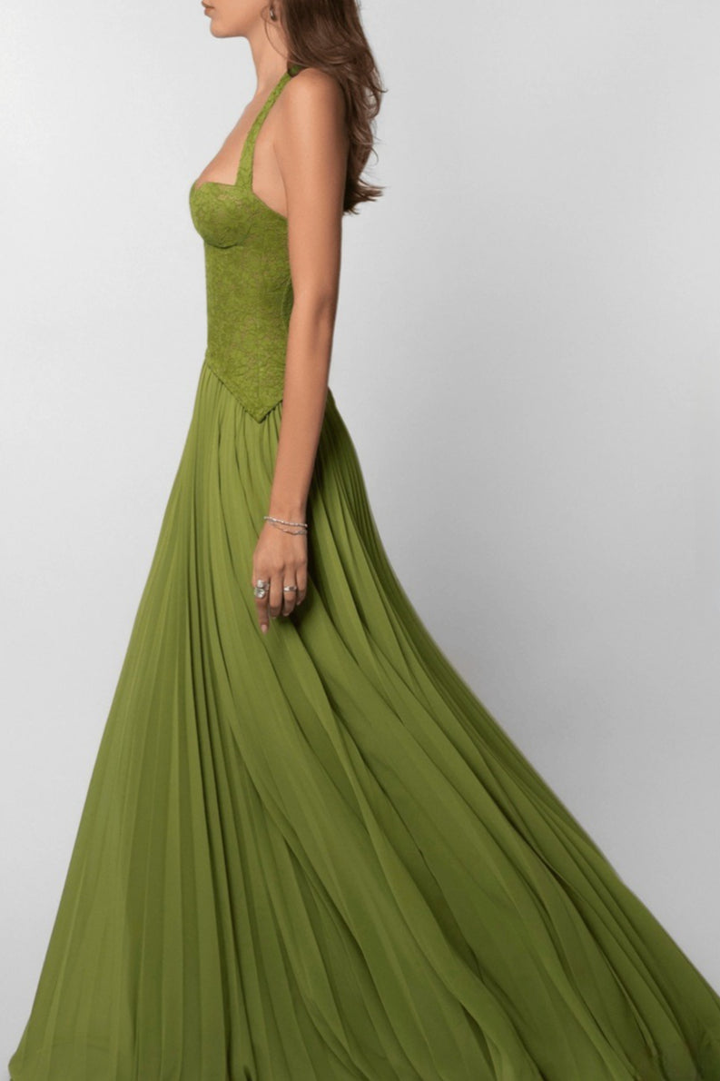 Lace Halter Plunging Sweetheart Accordion Pleat Chiffon Maxi Gown