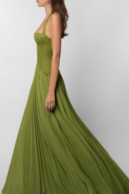 Lace Halter Plunging Sweetheart Accordion Pleat Chiffon Maxi Gown