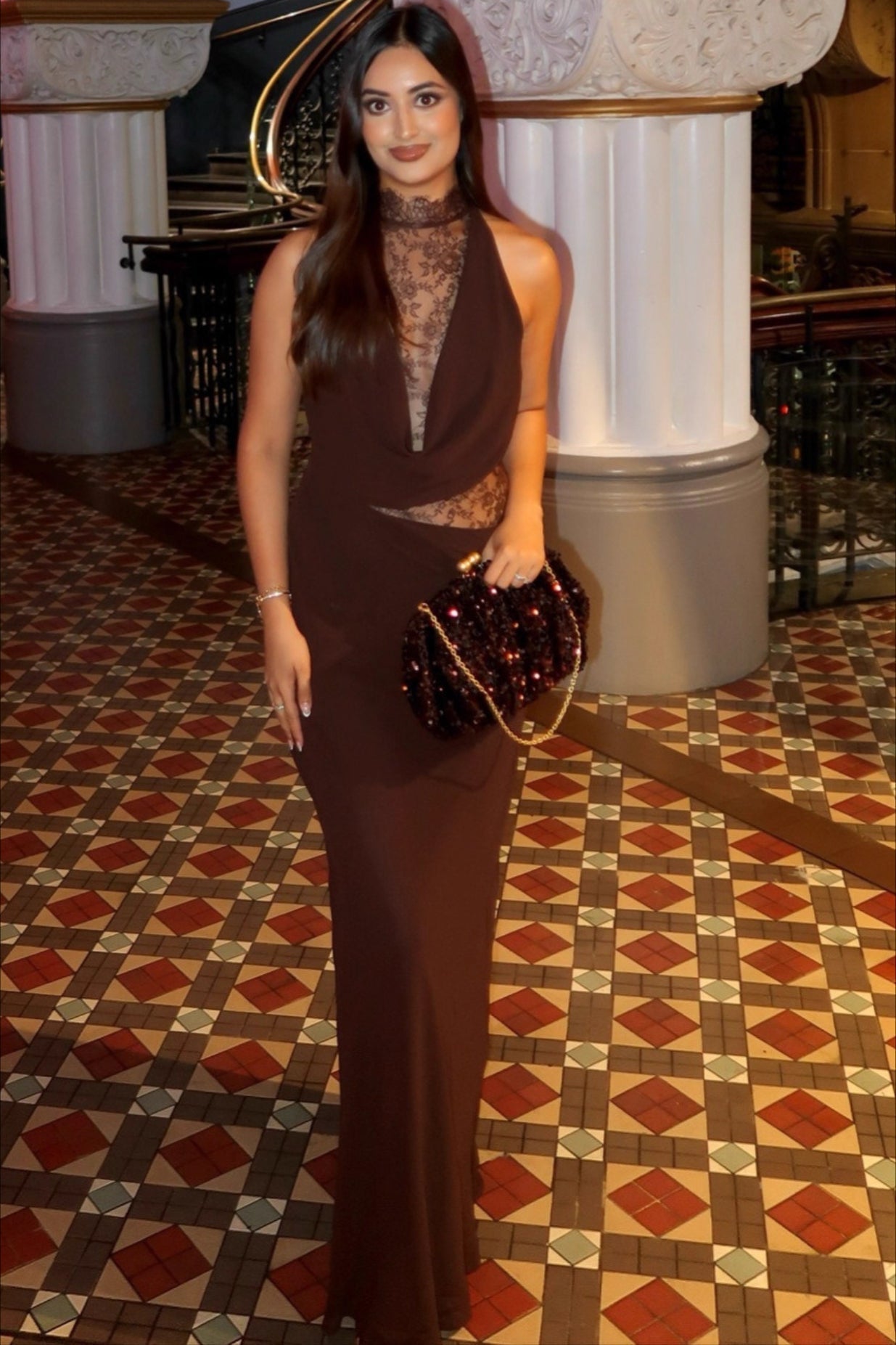 Halter Lace Collar Cowl Neck Diagonal Lace Panel Waist Maxi Gown