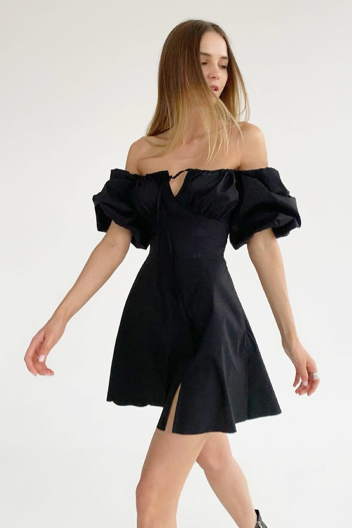 Off Shoulder Puff Sleeve Sweetheart Neck Gathered Bodice Mini Dress