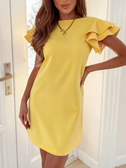 Boat Neck Tiered Ruffle Cape Sleeve Shift Mini Dress