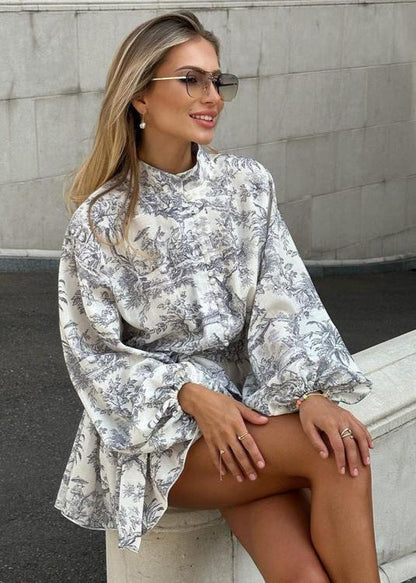Toile Print Mandarin Collar Puff Sleeve Tie Waist A-Line Mini Dress