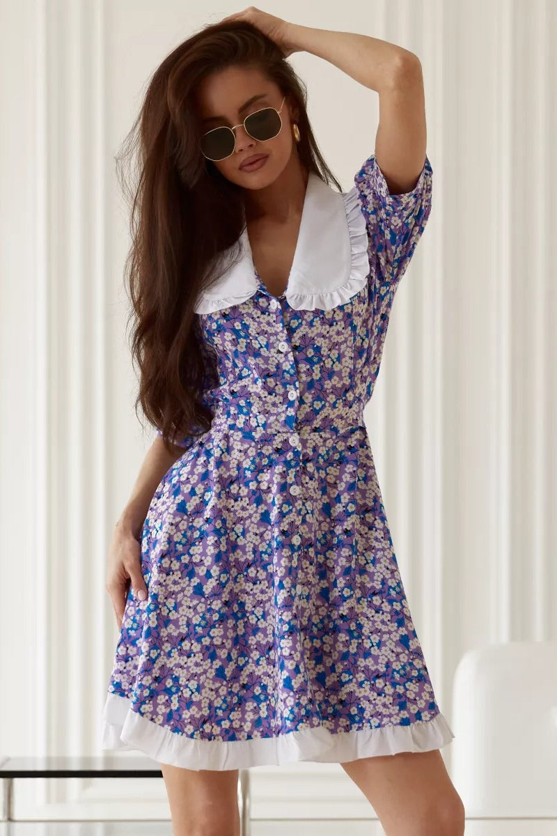 Ditsy Floral Oversized Ruffled Collar Puff Sleeve Ruffle Hem Mini Dress