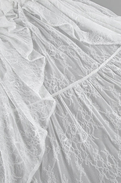 Lace Sheer Split Ruffle Asymmetrical Skirt