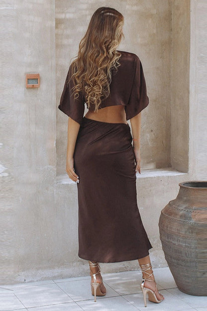 Flutter Sleeve Cutout Waist Tie Front Satin Maxi Dress