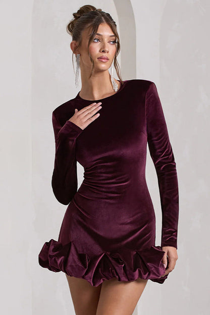 Crew Neck Long Sleeve Ruched Bubble Hem Velvet Mini Dress