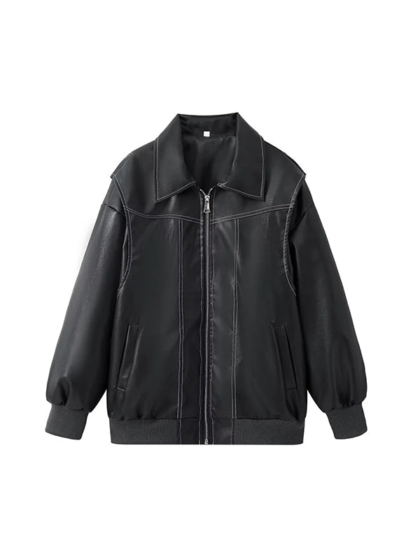 Loose long sleeve vintage leather jacket