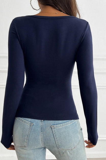 Button Detail Lace Trim V-Neck Long Sleeve Tee