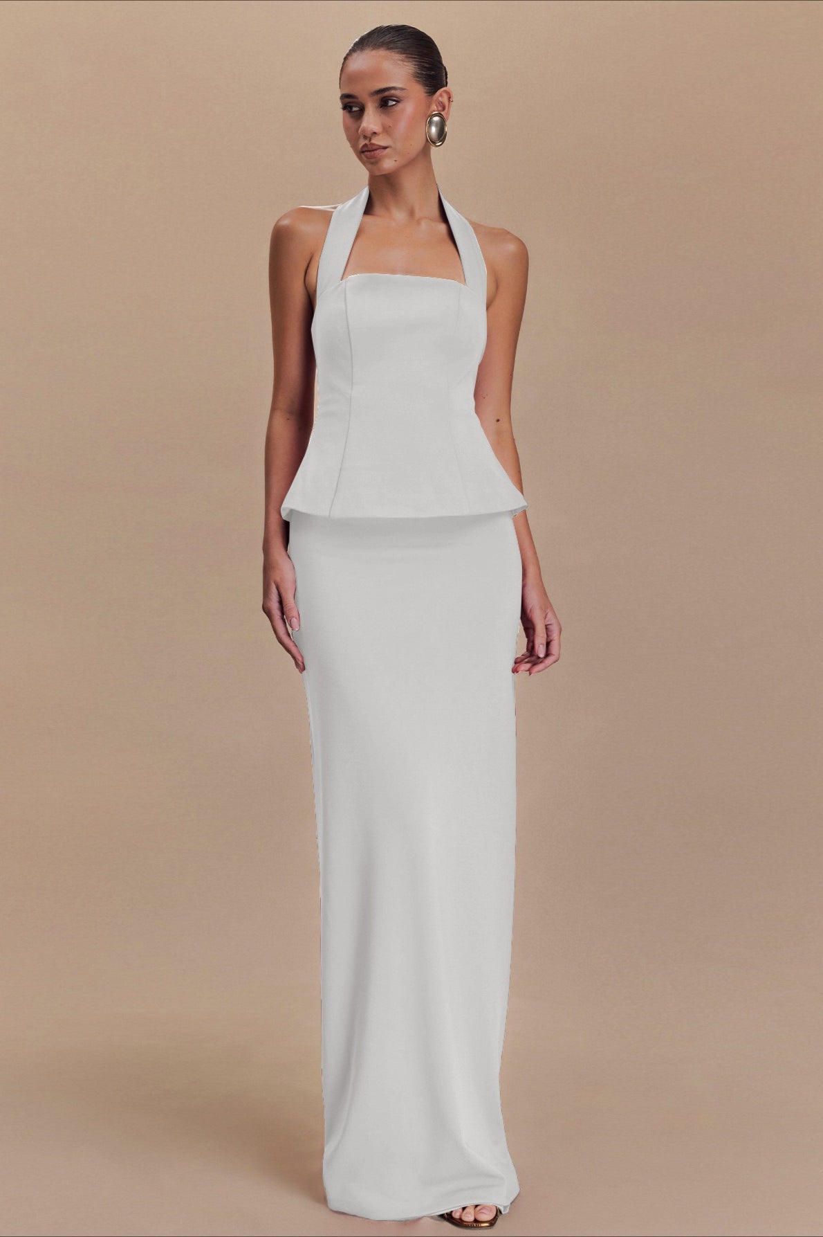 Square Neck Halter Peplum Top Column Maxi Skirt Set