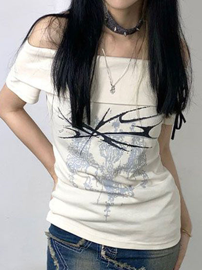One Shoulder Print Short Sleeve Tee