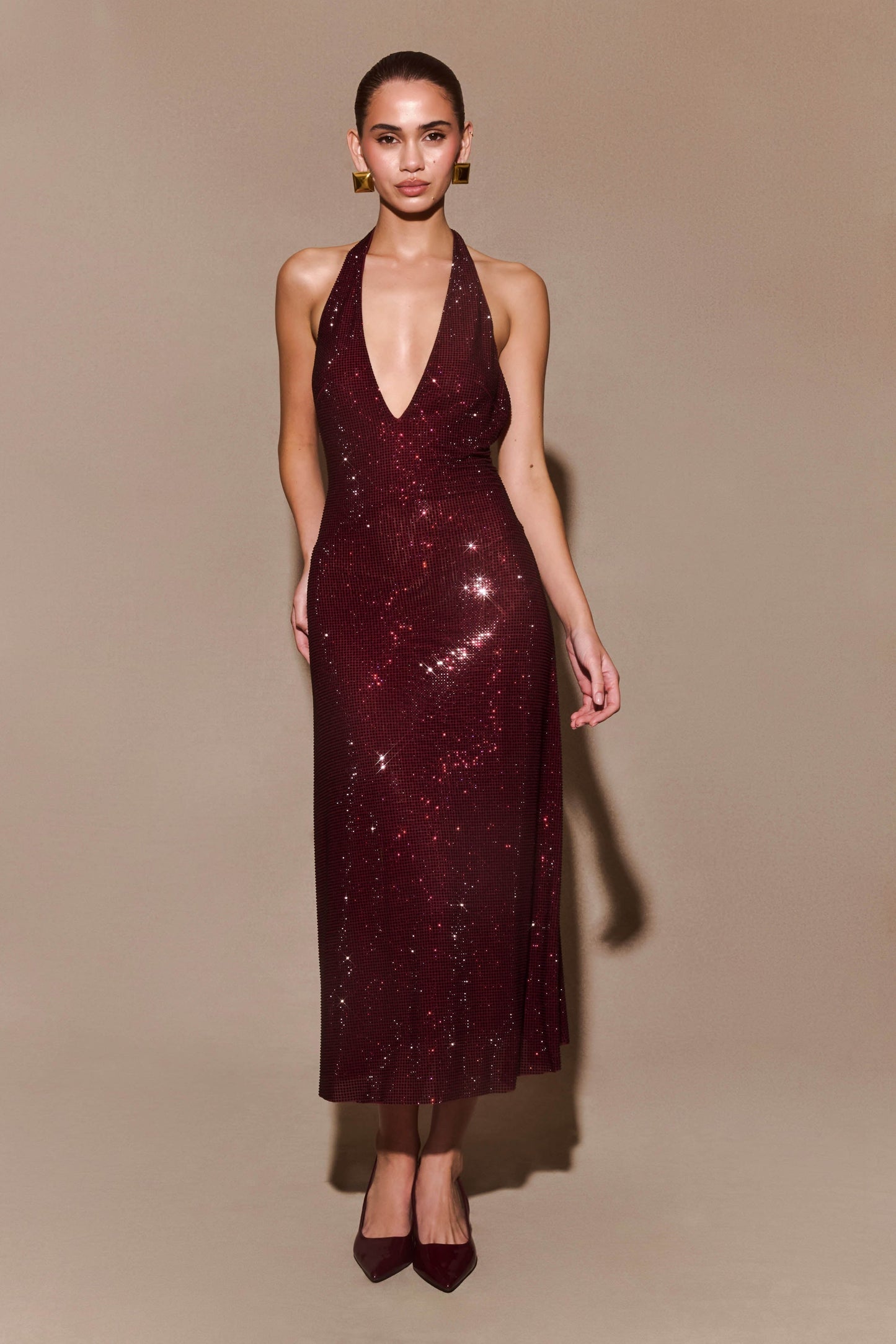Deep V Neck Halter Sequin Shimmer Metallic Midi Dress
