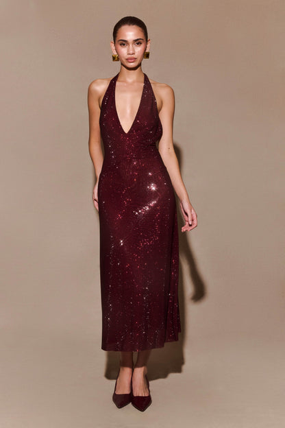 Deep V Neck Halter Sequin Shimmer Metallic Midi Dress