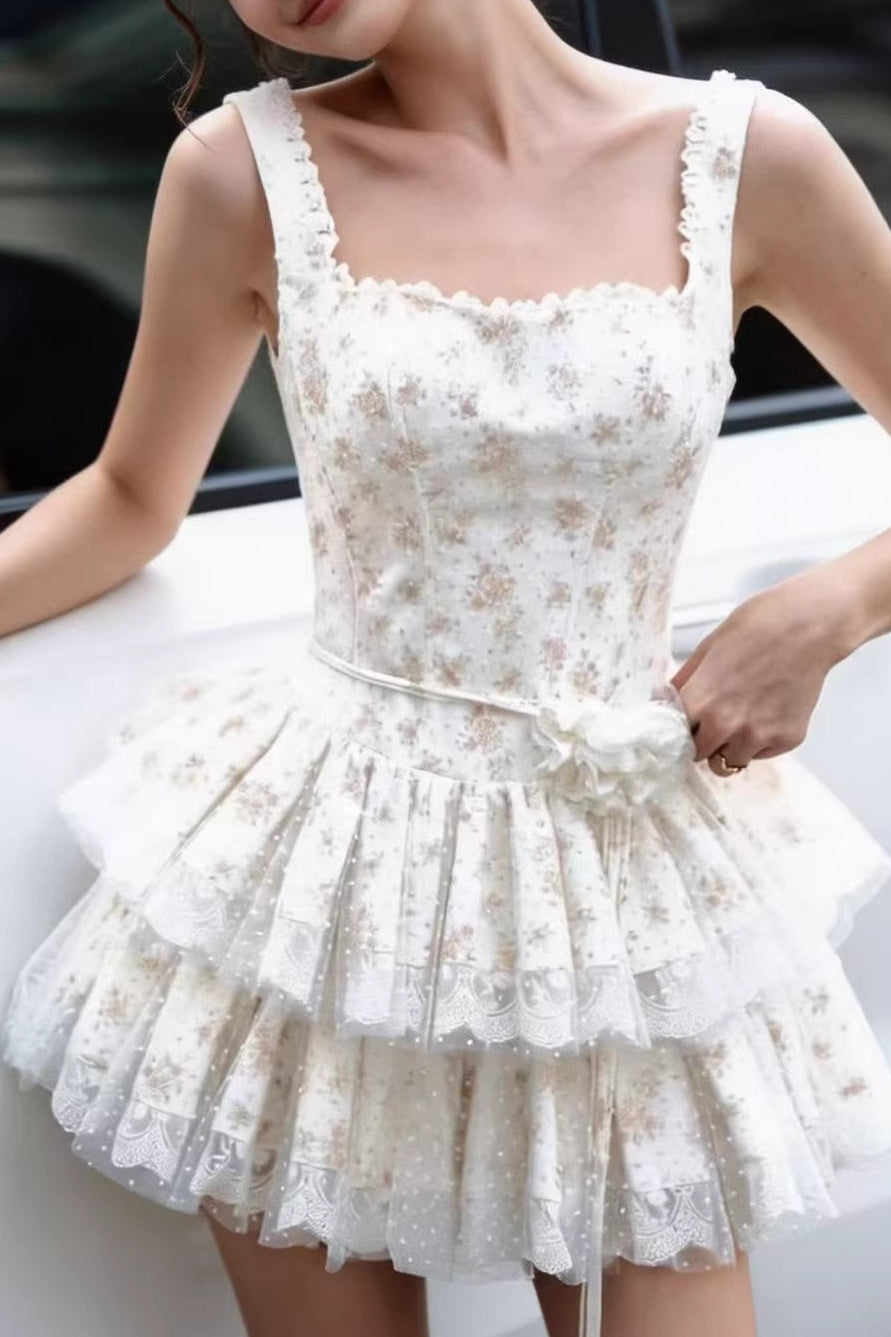 Square Neck Ruffle Strap Corset Bodice Tiered Lace Trim Floral Mini Dress