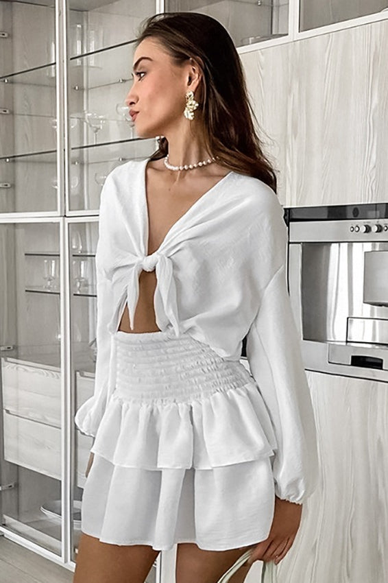 Tie Front Lantern Sleeve Crop Top Smocked Tiered Ruffle Skirt Set