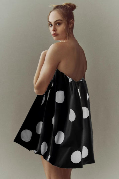 Polka Dot Strapless Gathered Bubble Hem Tent Mini Dress