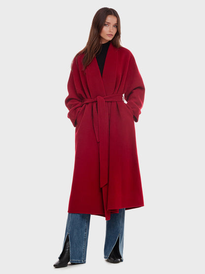Burgundy Wool Cashmere Blend Wrap Coat For Woman Lapel Elegant Belted Double-Faced Winter Outerwear 2026