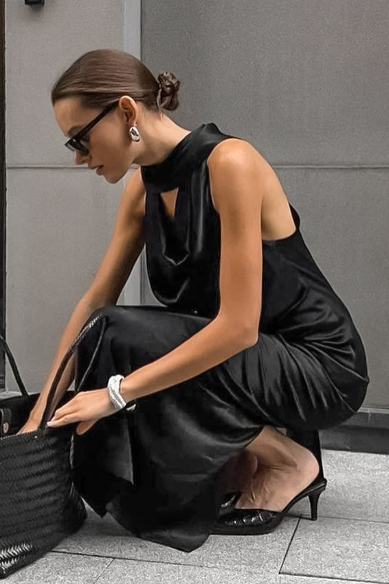 Cowl Neck Halter Satin Column Maxi Dress