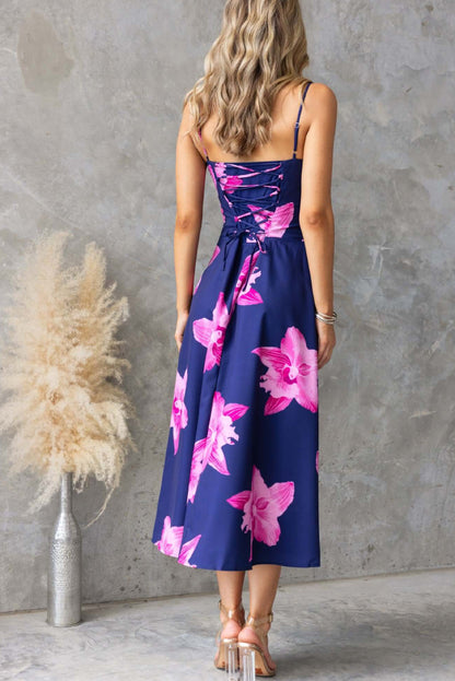 Floral Print Spaghetti Strap Backless Tie-up Elegant Slim-fit Midi Dress