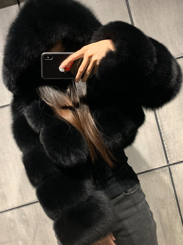White Faux Fur Jacket With Hood Hot Girls Short Coats Winter Outerwear For Women 2026