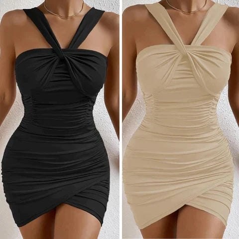 Halter Twist-Front Ruched Tulip Hem Bodycon Mini Dress