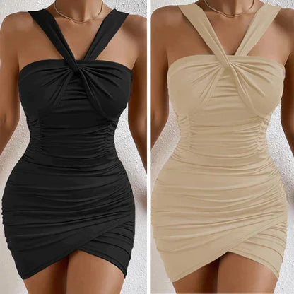 Halter Twist-Front Ruched Tulip Hem Bodycon Mini Dress
