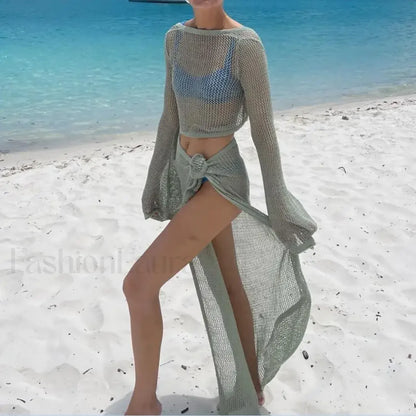 2PC Knit Crop Skirt Cover Up
