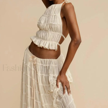2Piece Skirt Set for Women Lace Up Back Tank Tops Tie Up High Waist Long Skirts Outfits Fairy Vacation Cottagecore Lace Dress