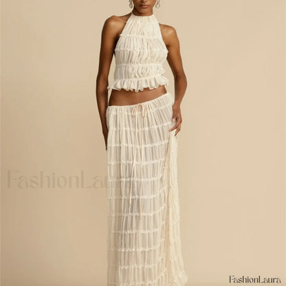 2Piece Skirt Set for Women Lace Up Back Tank Tops Tie Up High Waist Long Skirts Outfits Fairy Vacation Cottagecore Lace Dress