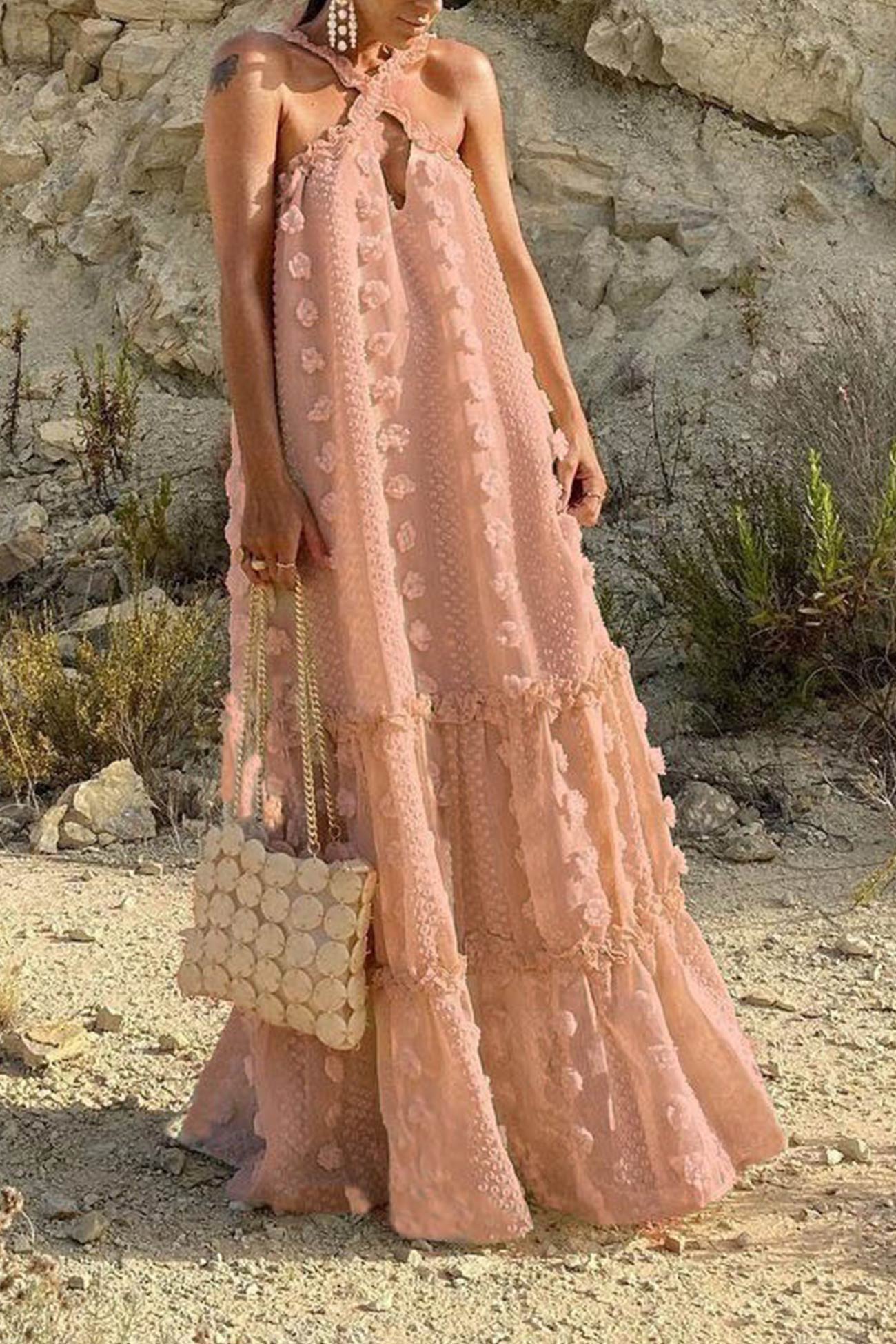 3D Floral Criss-cross Halterneck Maxi Dress