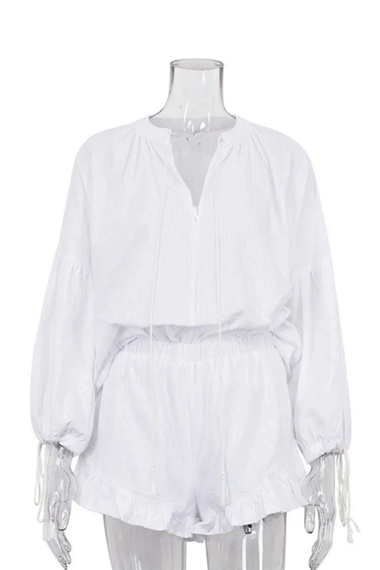 V-neck Lantern Sleeve Cotton Shirt Set