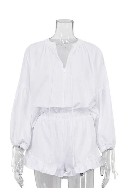 V-neck Lantern Sleeve Cotton Shirt Set
