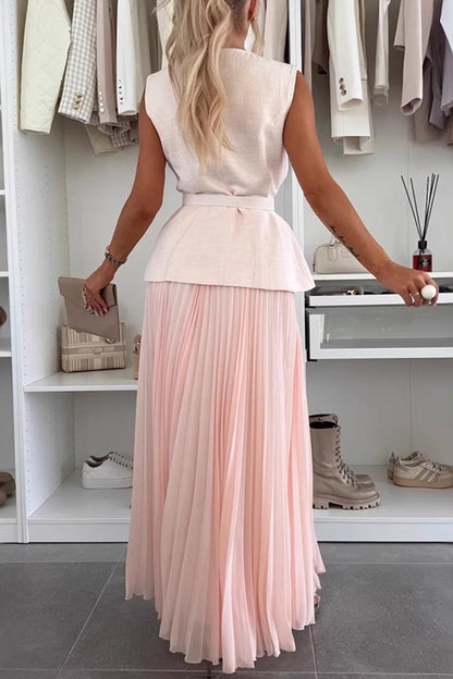 Button-down Tank Top Mesh Pleated Skirt Set
